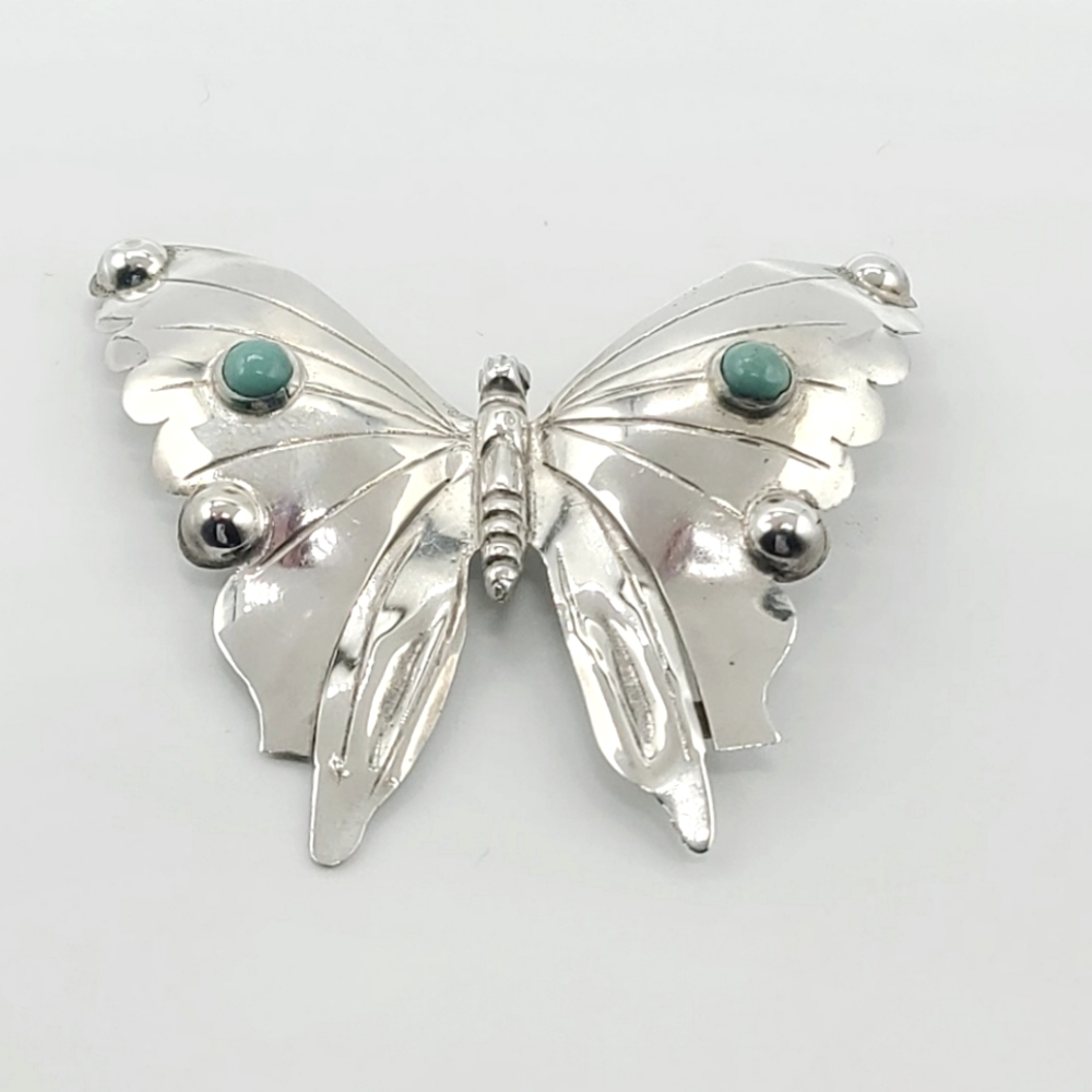 Vintage Sterling Silver Turquoise Butterfly Brooch Pin - Picture 7 of 8